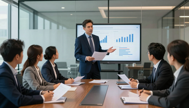 Consultor tributario presentando un informe financiero a un equipo empresarial.
