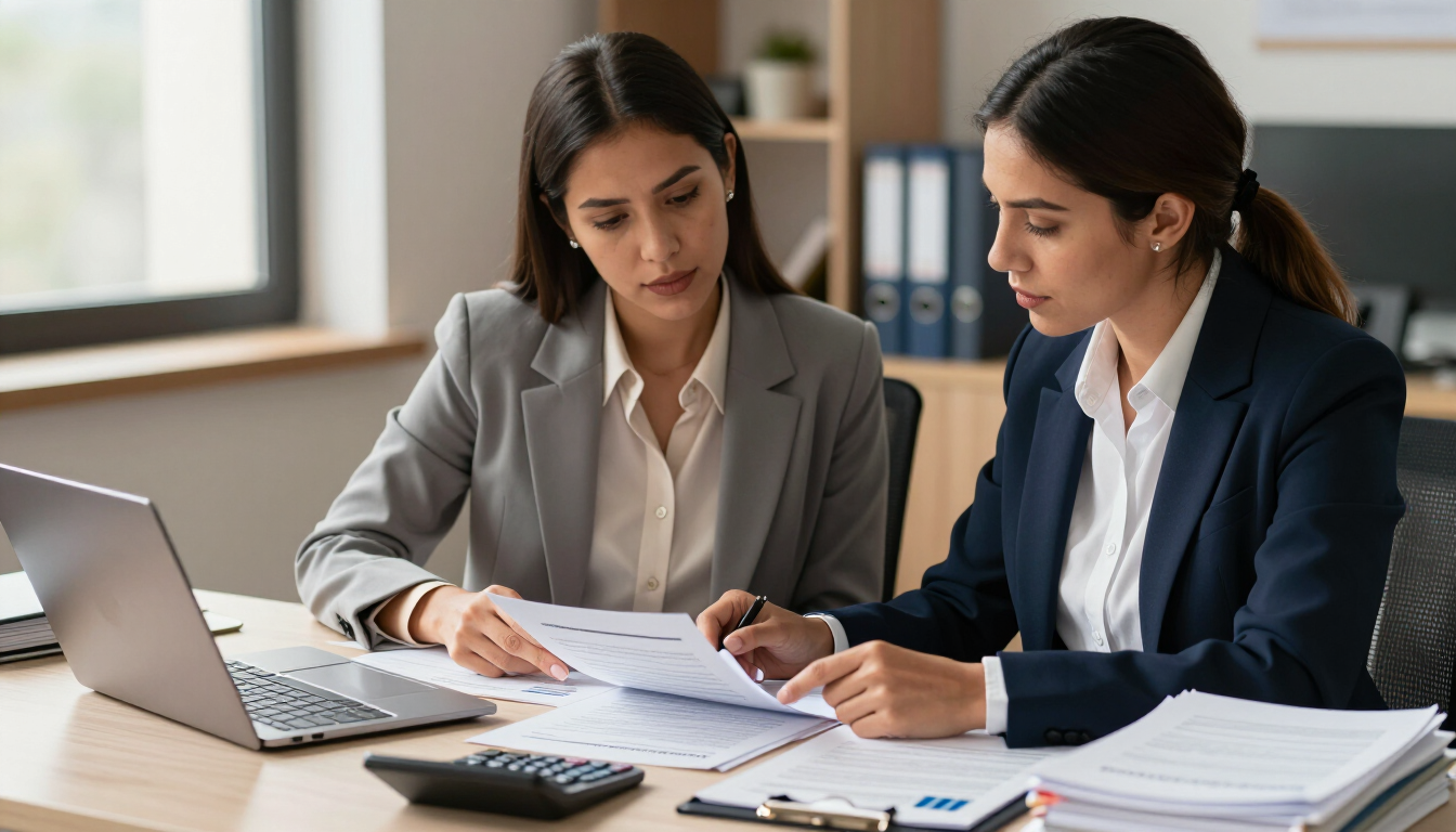 Empresaria revisando un plan de cumplimiento con asesor financiero