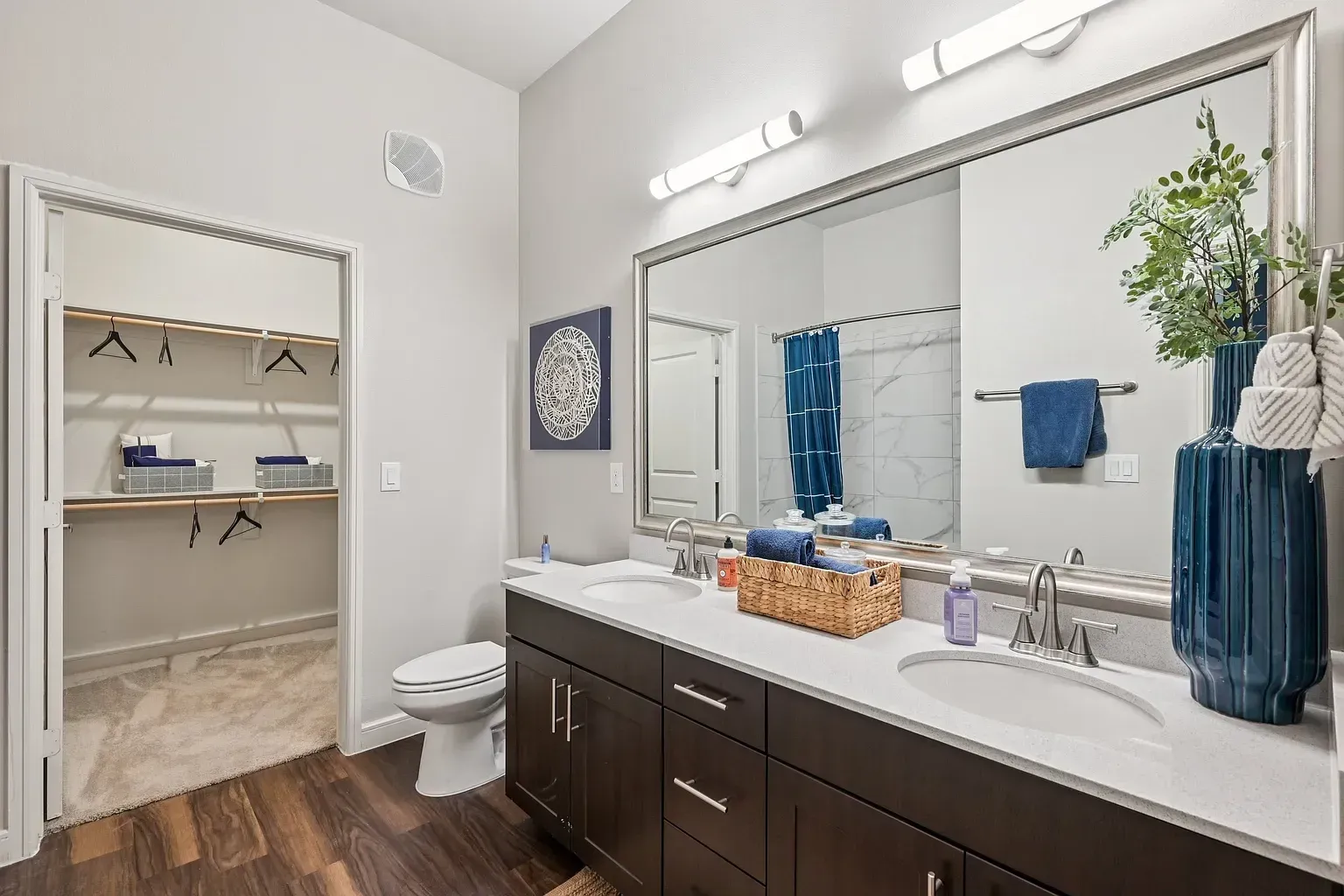 Double vanity with two sinks, large mirror, walk-in closet, and toilet in a modern bathroom.