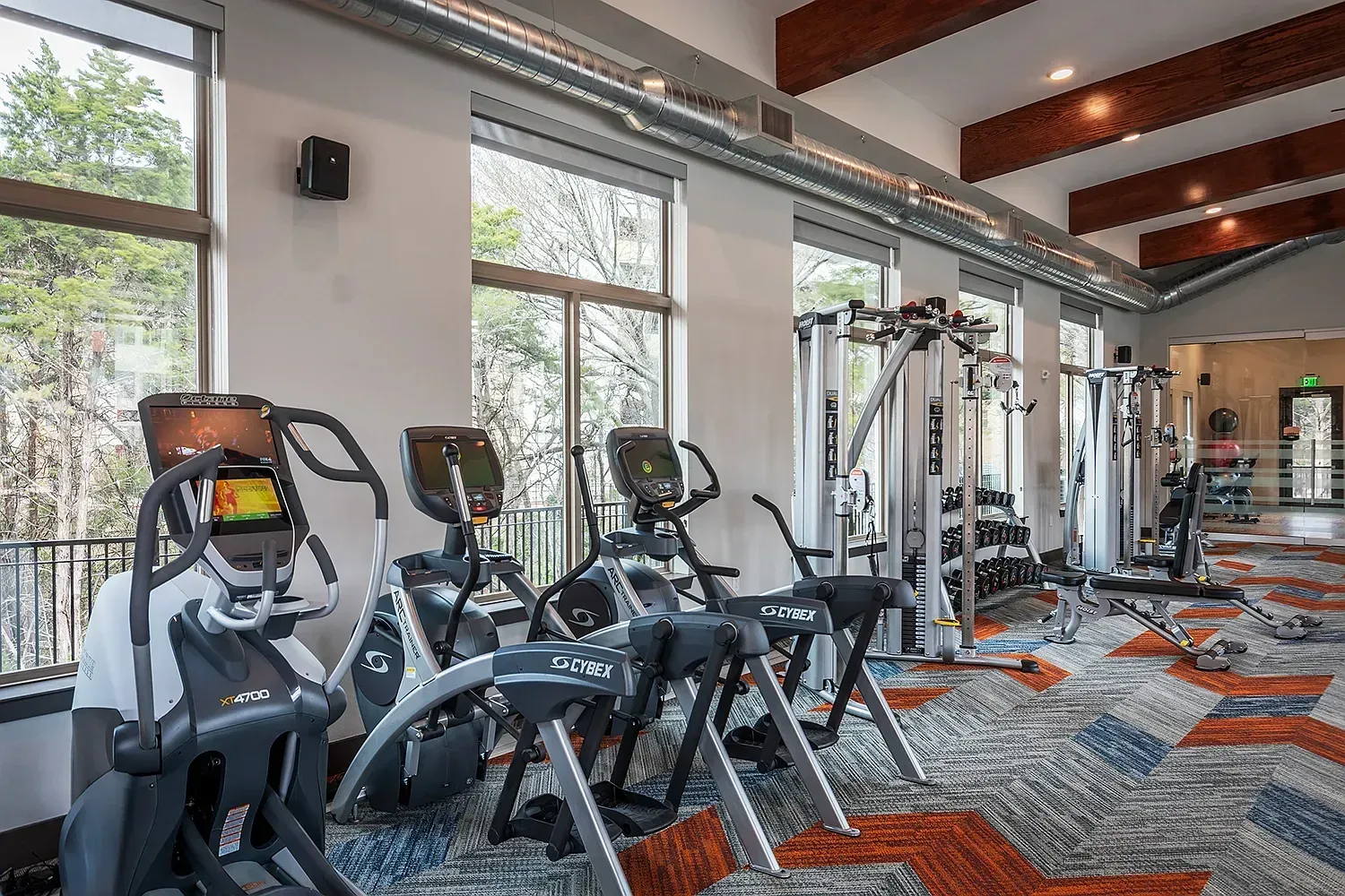 Modern apartment gym with cardio machines and weight racks.