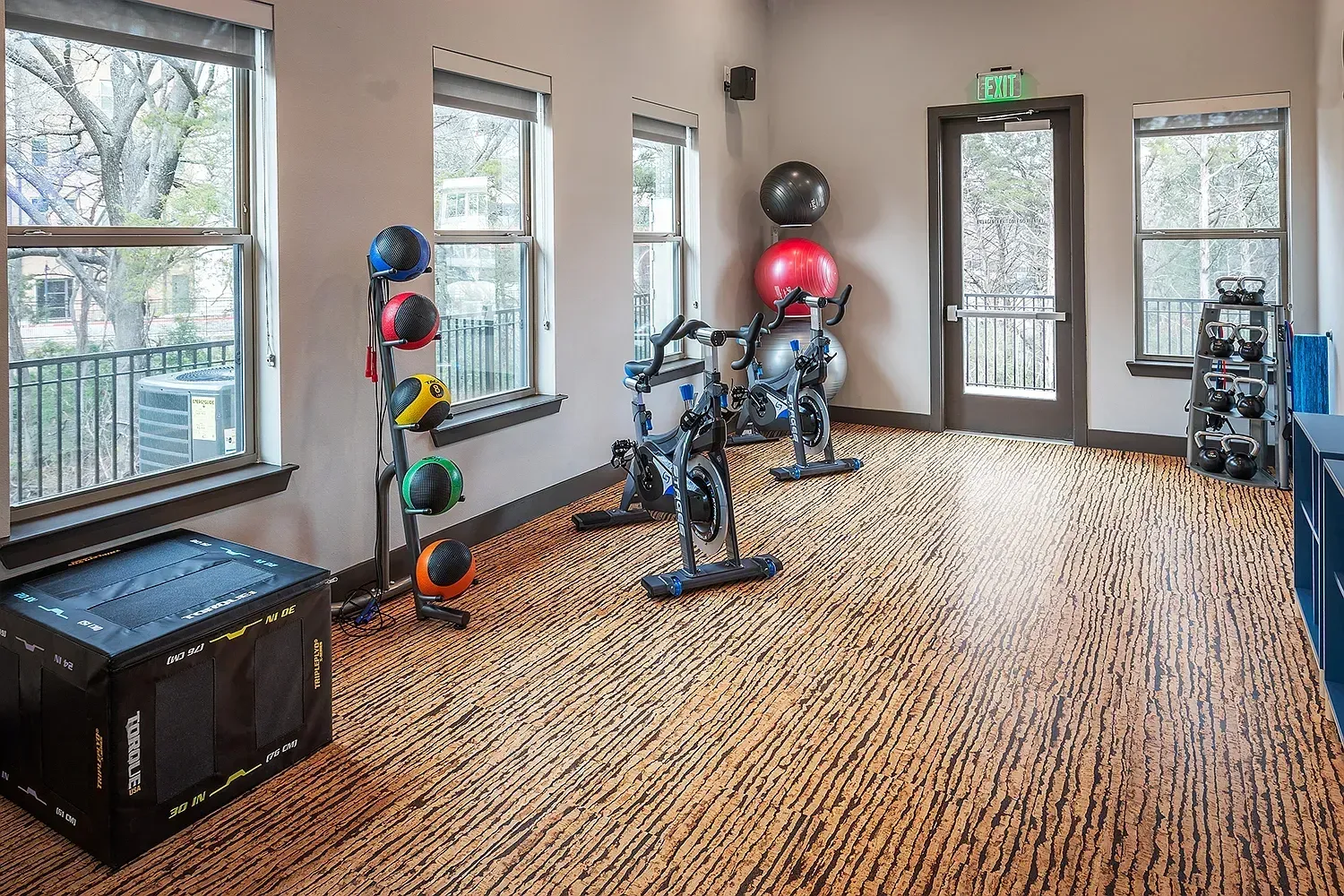 Gym with spin bikes, medicine balls, kettlebells, and a plyo box.