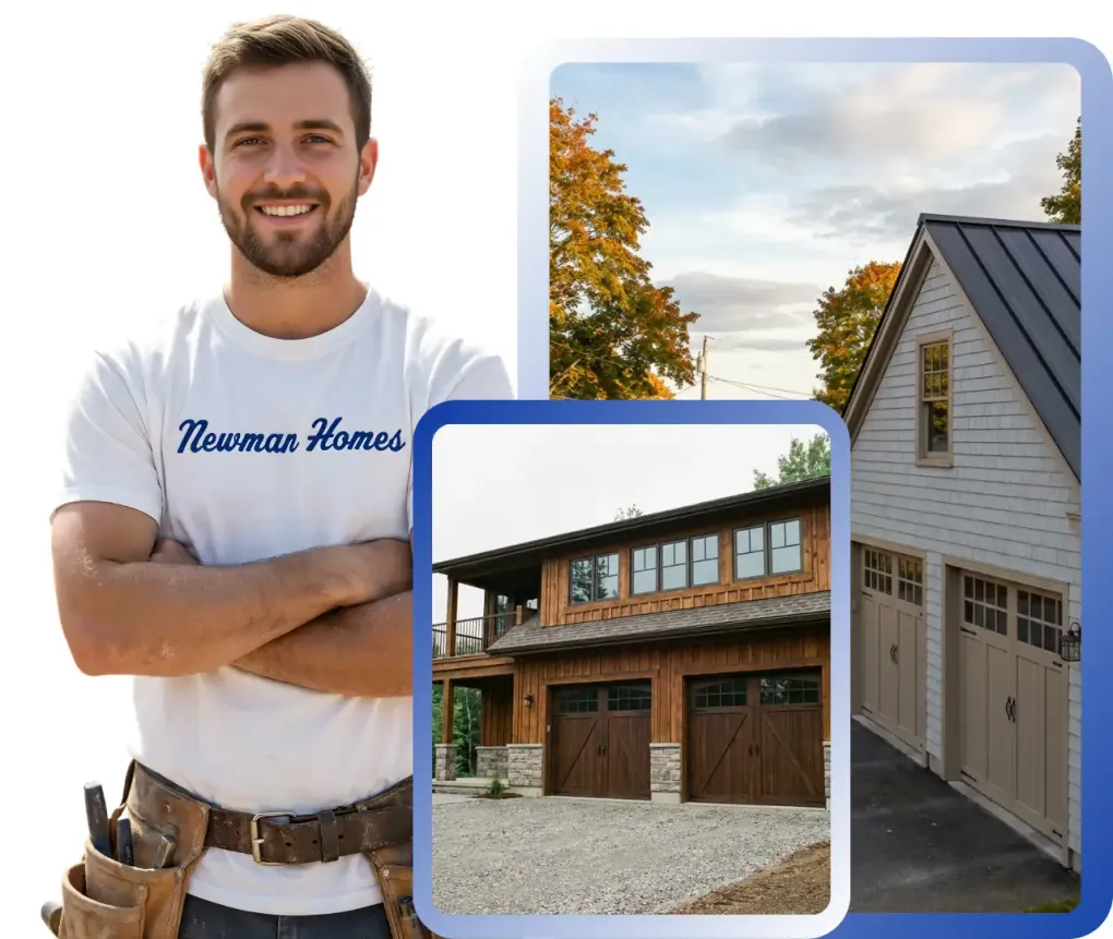 Carpenter smiling, framed by views of a lake, trees, and deck construction.