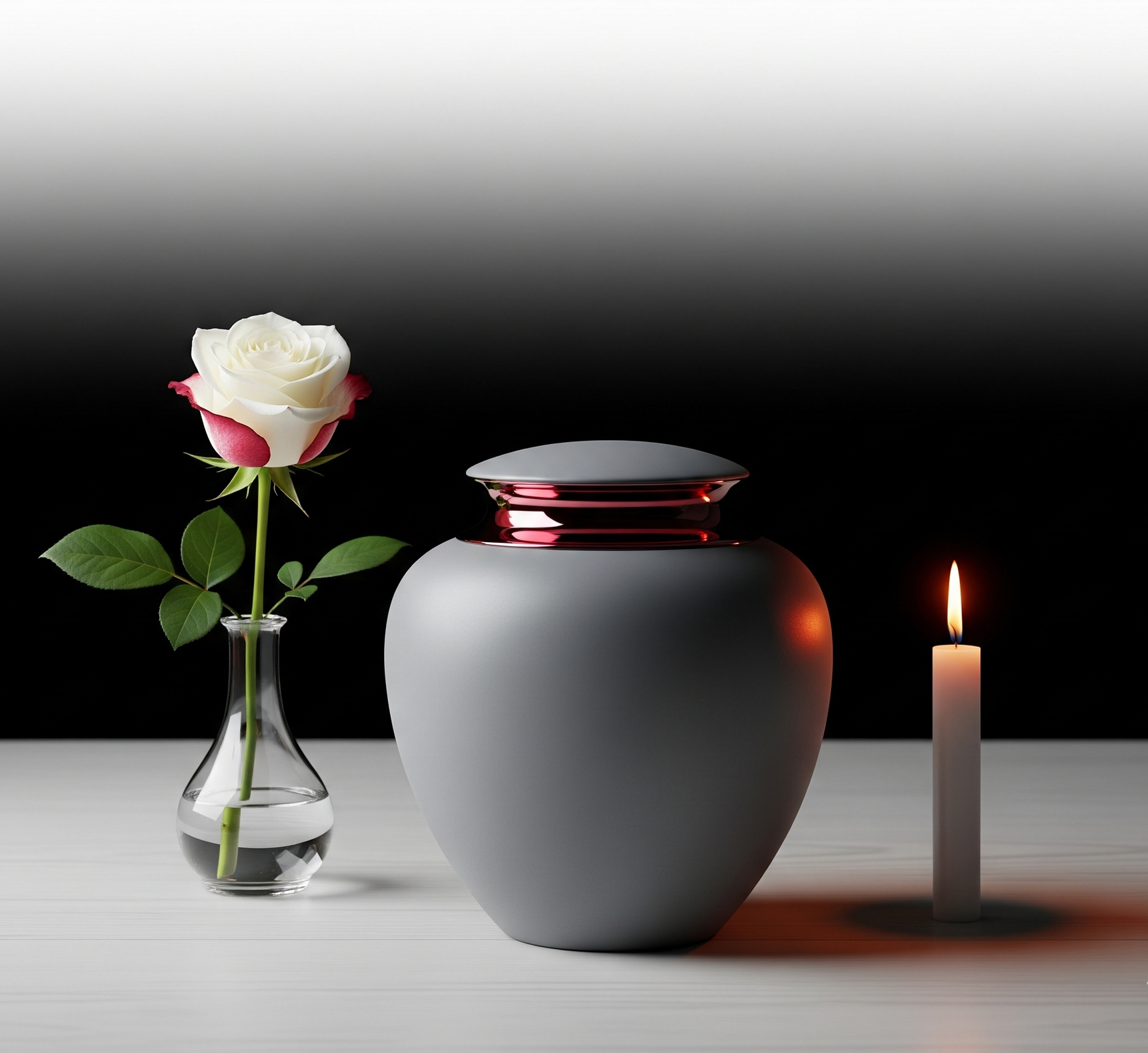Urna gris con una rosa y una vela encendida sobre una mesa blanca con fondo degradado en blanco y negro.