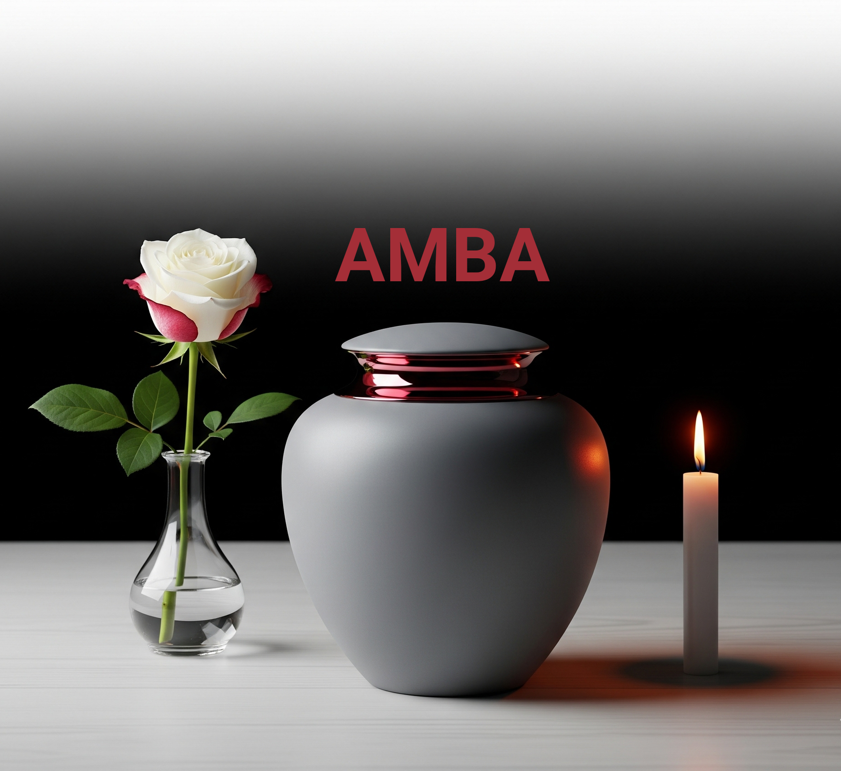 Urna gris con rosa y vela, sobre superficie blanca, texto
