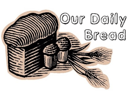 A drawing of a loaf of bread with the words our daily bread below it
