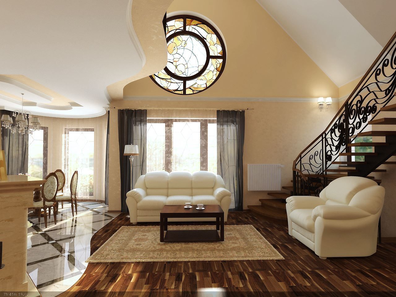 Elegant living room with cream sofas, large clock window, staircase, and polished wood floor