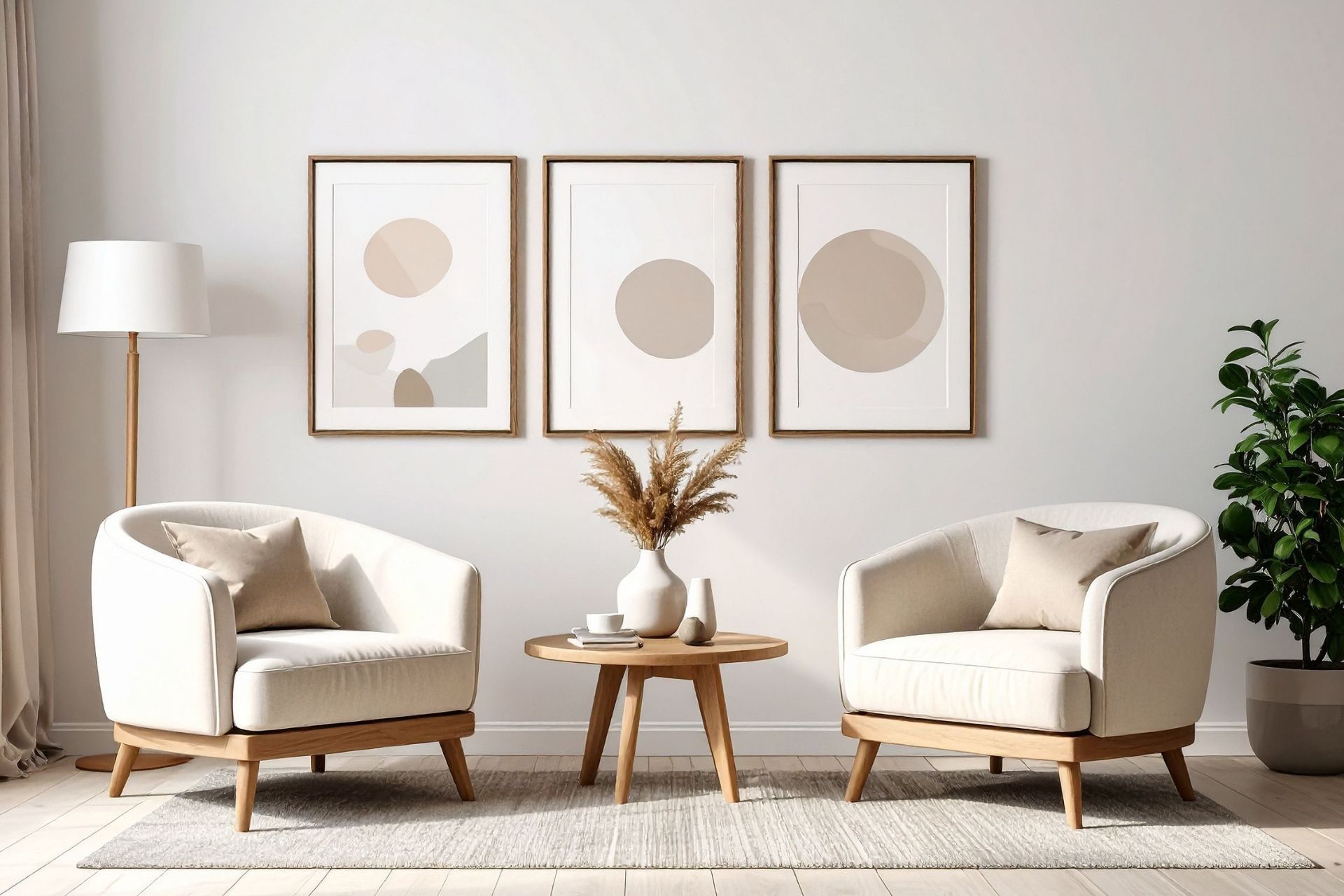 Two armchairs flank a small wooden table with decor, set before a wall with three minimalist framed prints in a room.