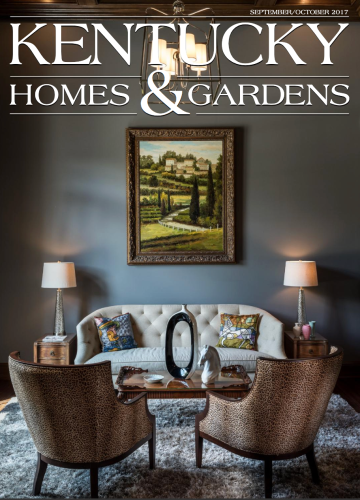 A magazine cover titled Kentucky Homes & Gardens features a gray living room with a beige sofa, two leopard-print chairs.