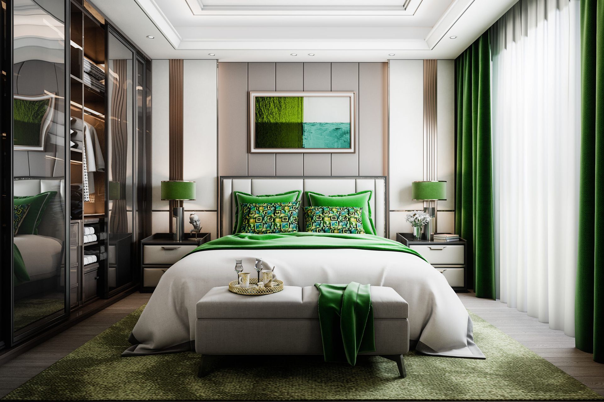 A luxury bedroom featuring a bed with white bedding, emerald green accents, a grey bench, and floor-to-ceiling closets.