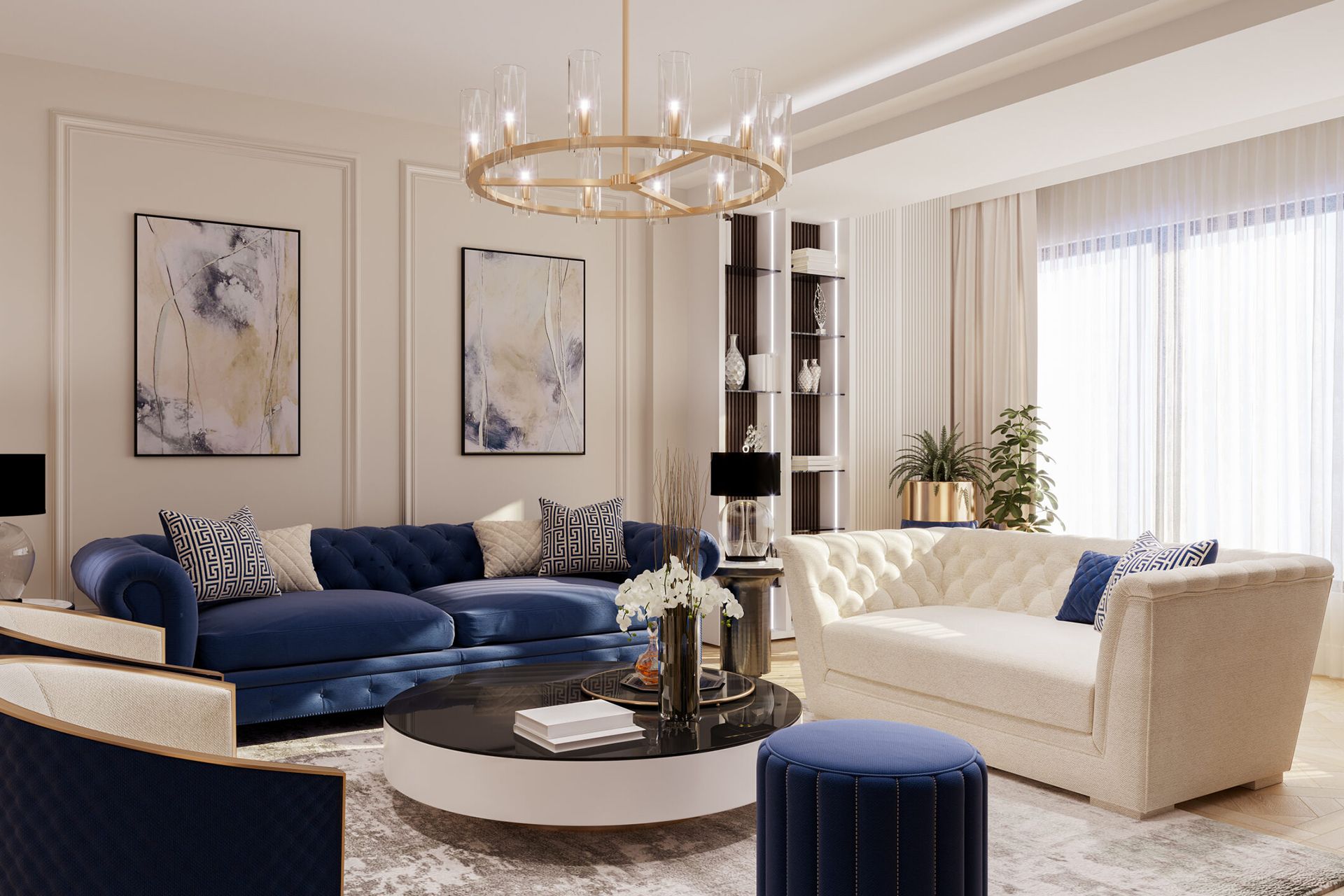 A modern living room with a blue tufted sofa, a cream tufted sofa, a round coffee table, and a gold circular chandelier.