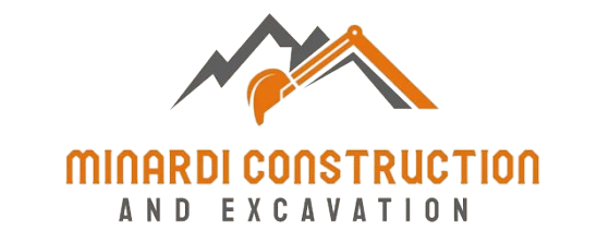 Minardi Construction and Excavation logo with orange and gray mountains and excavator icon