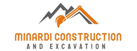 Minardi Construction and Excavation logo with orange and gray mountains and excavator icon