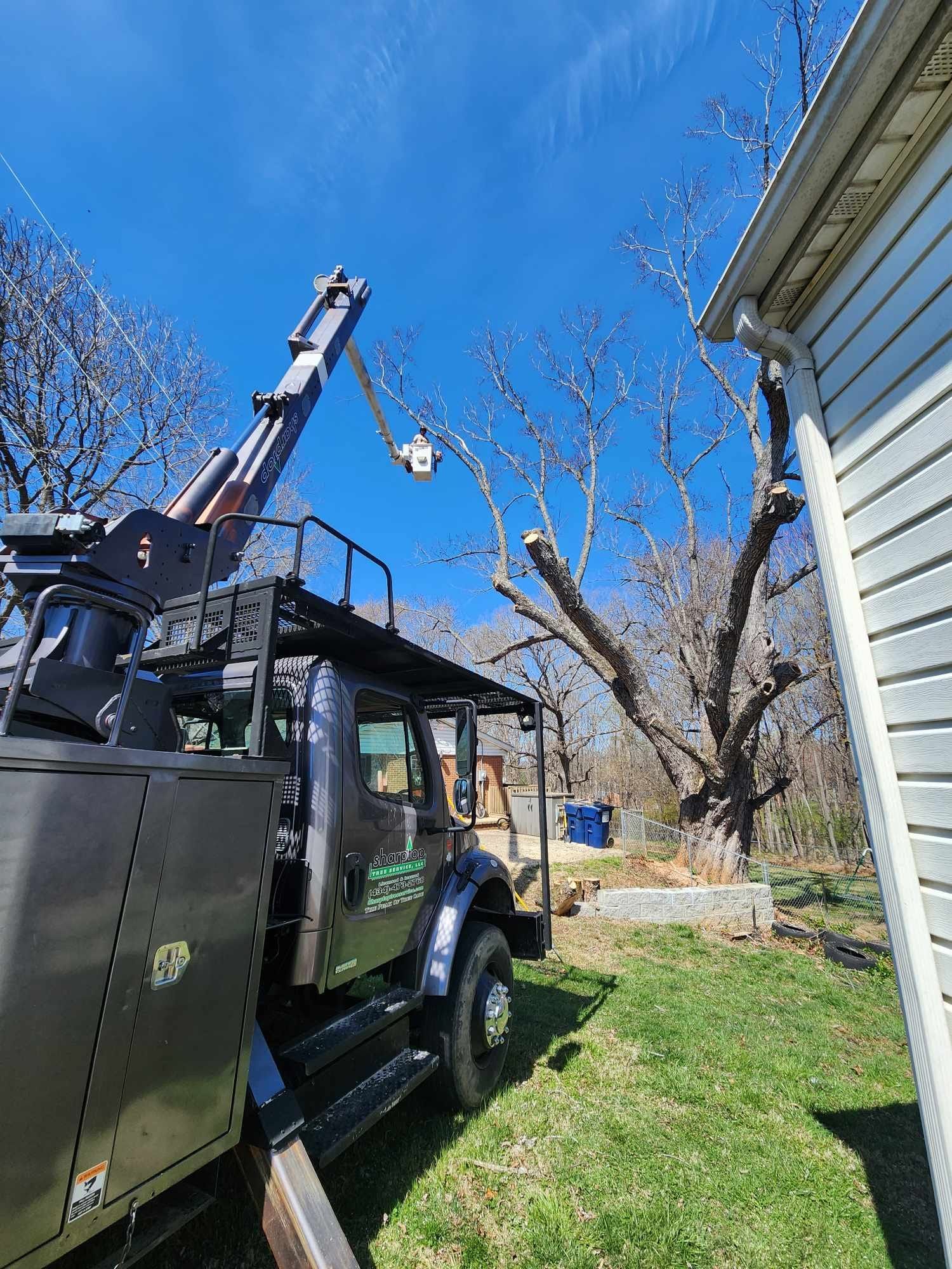 A truck with a crane attached to it is cutting a tree in front of a house.