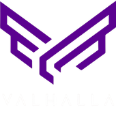 A purple and white logo with wings on a white background.