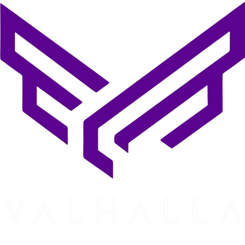 A purple and white logo with wings on a white background.