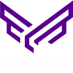 A black and white logo for a company called valhalla.