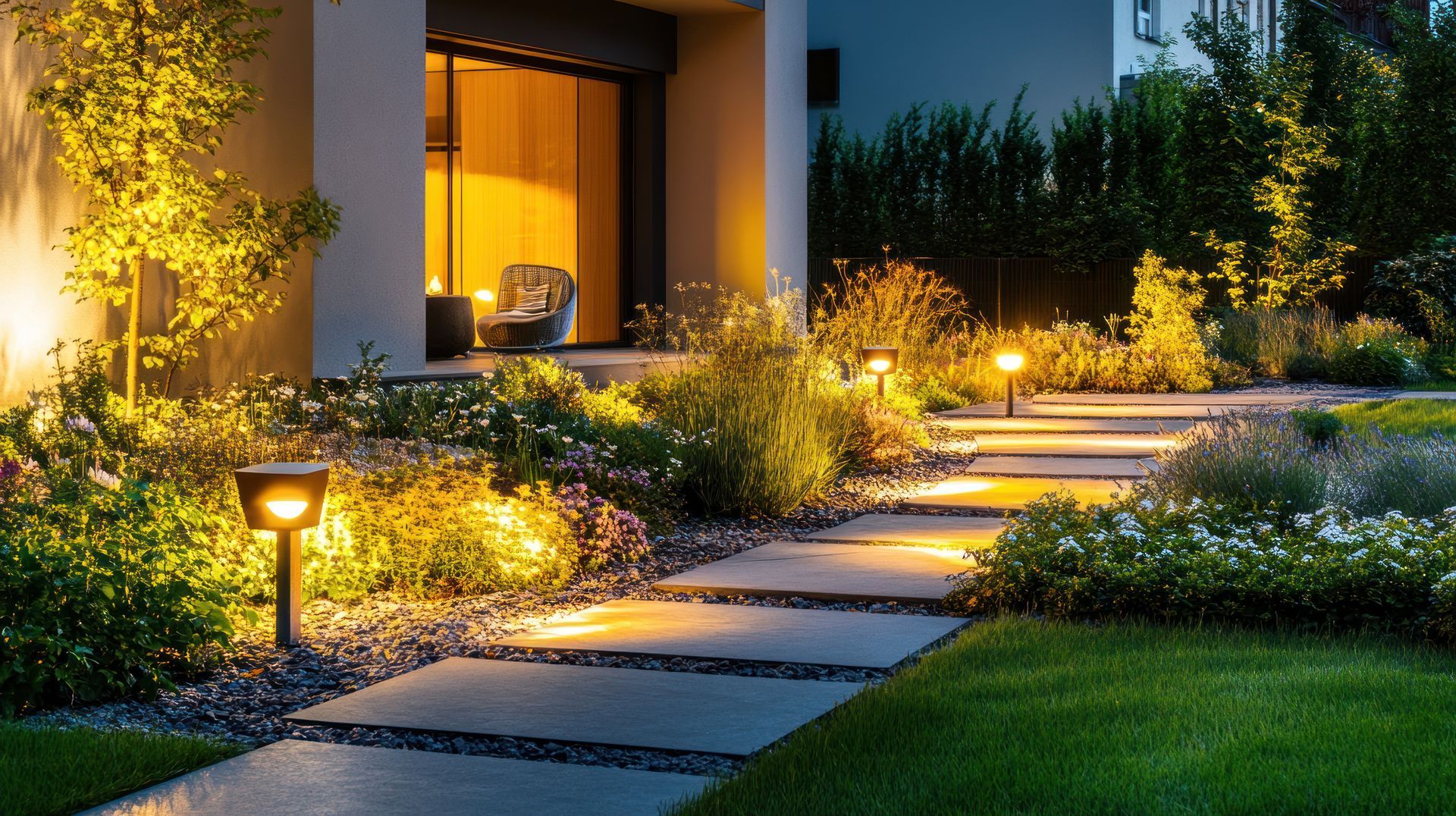 A walkway leading to a house is lit up at night.