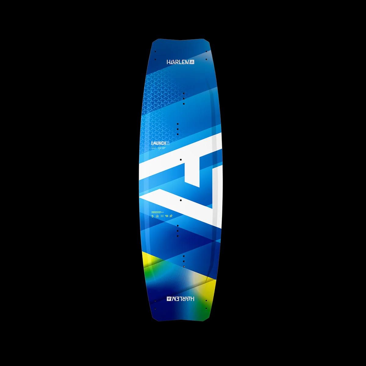 Wakeboard azul y blanco con diseño geométrico sobre fondo negro.