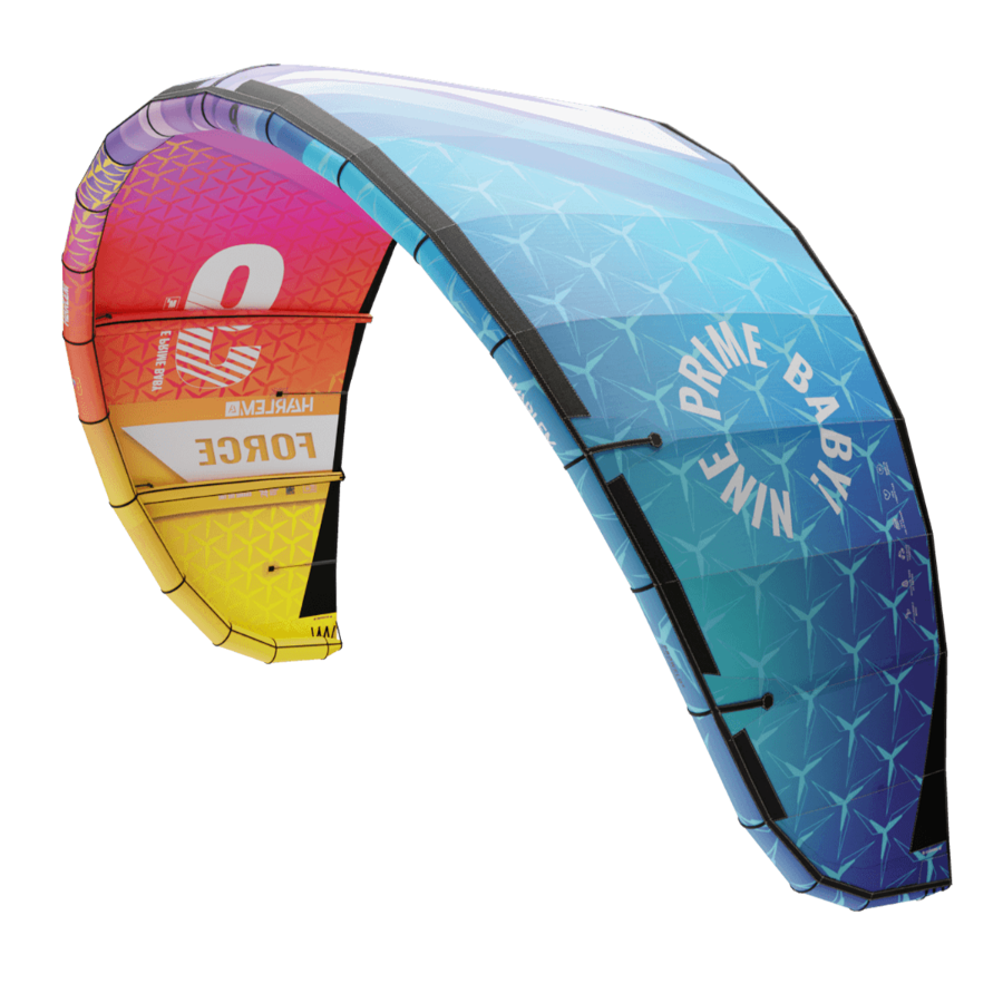 Cometa de kitesurf colorida con tonos degradados, etiquetada 