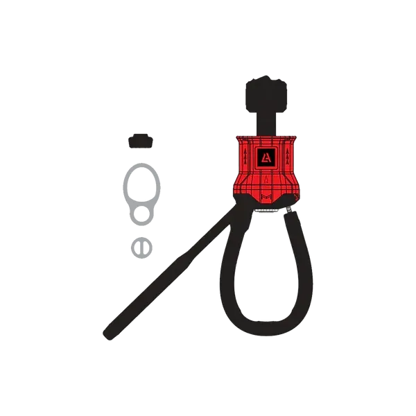 Sistema de seguridad para kitesurf de color rojo y negro, con lazo, barra, aro y piezas pequeñas.