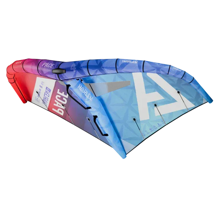 Ala de viento azul, roja y blanca. Texto 
