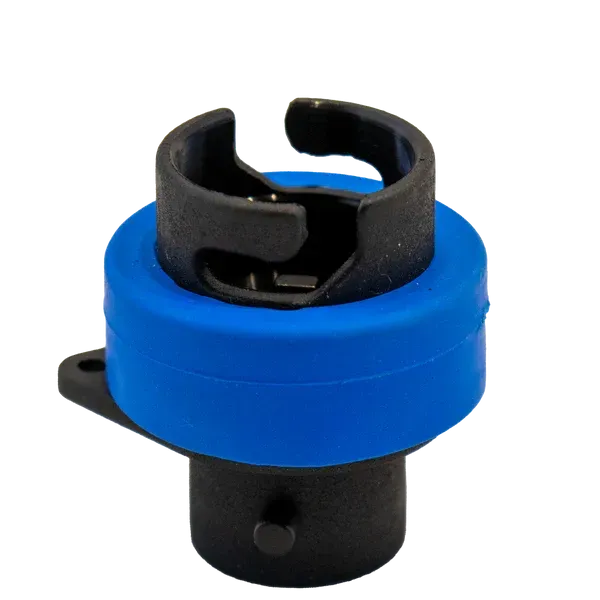 Válvula de kayak inflable negra y azul con anillo de retención.