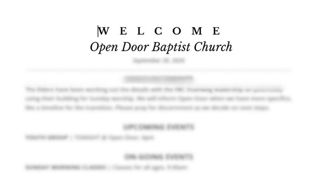 Weekly church bulletin for Open Door Carthage