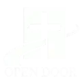 A white logo featuring an open doorway with a cross inside, above the text 