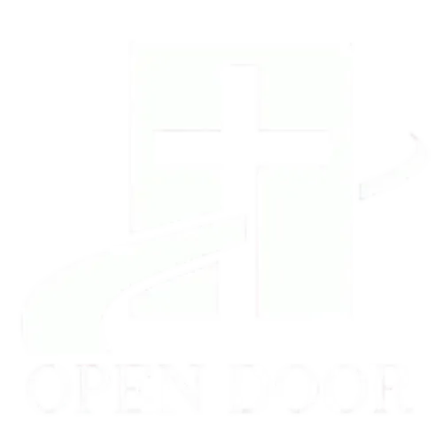 A white logo featuring an open doorway with a cross inside, above the text 