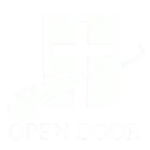 A white logo featuring an open doorway with a cross inside, above the text 