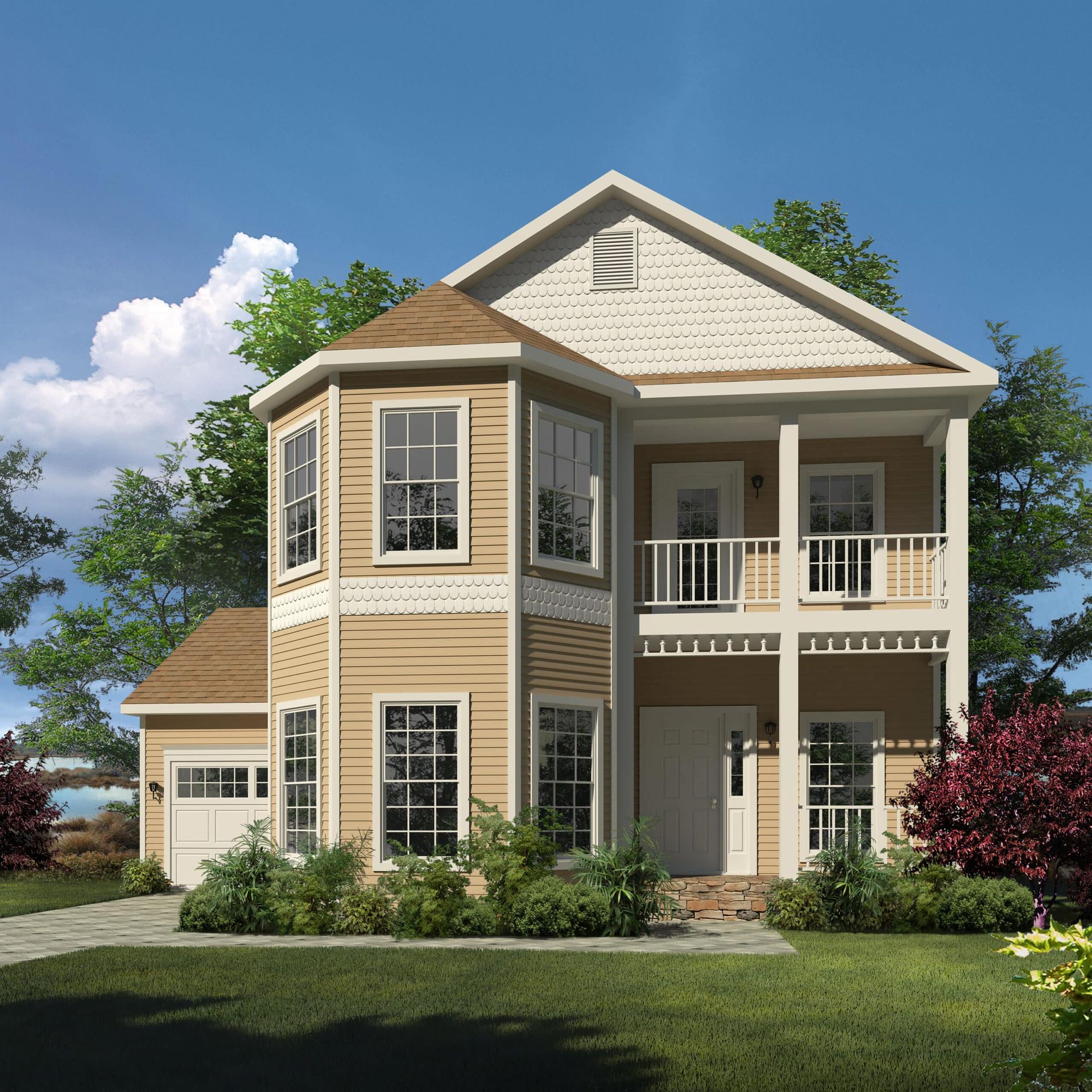Two-story beige house with white trim, front porch, bay window, and landscaped yard under a blue sky
