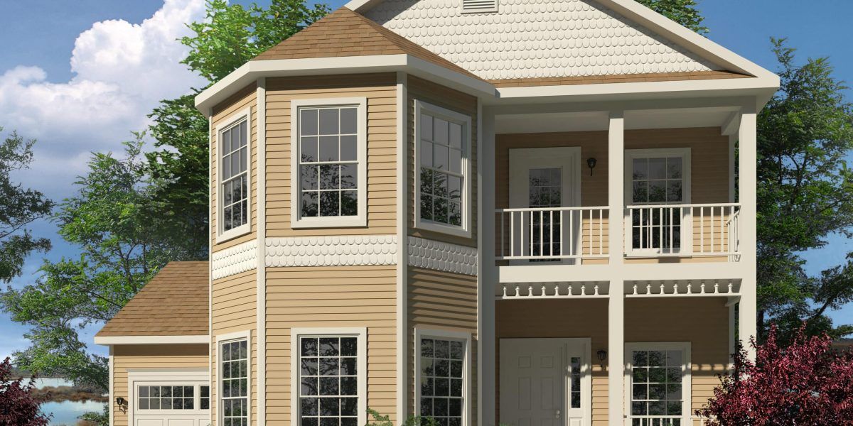 Two-story beige house with white trim, balcony, and bay windows against a blue sky