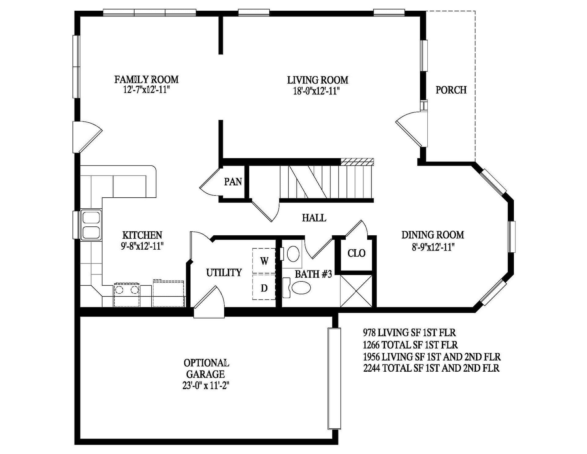 Black-and-white house floor plan with labeled rooms, stairs, and optional garage.