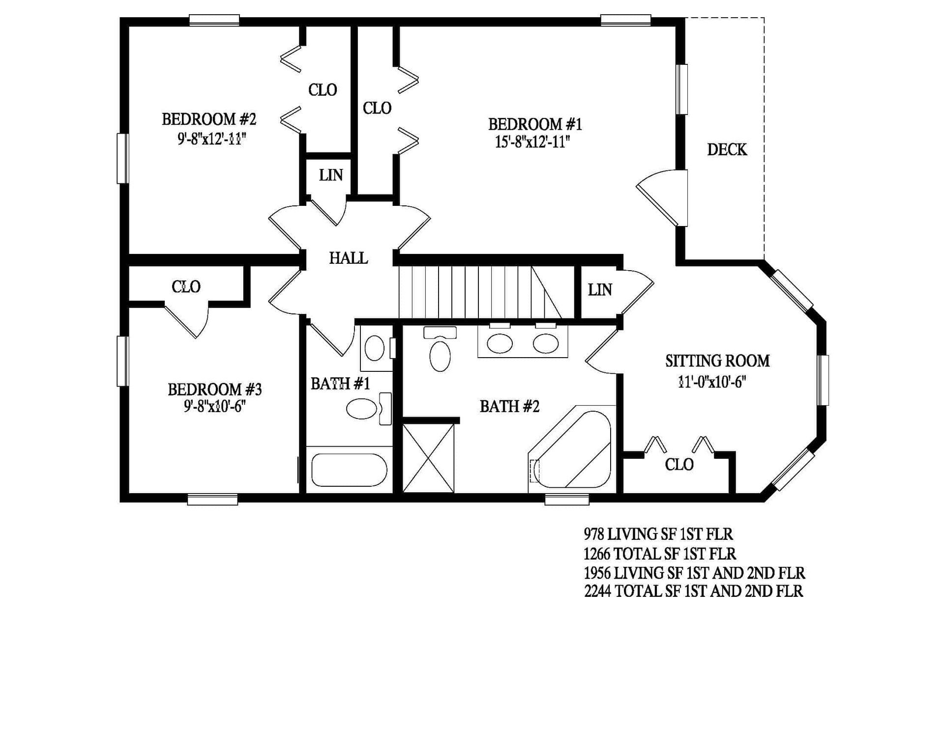 Black-and-white house floor plan with labeled rooms, hallway, closets, and deck.