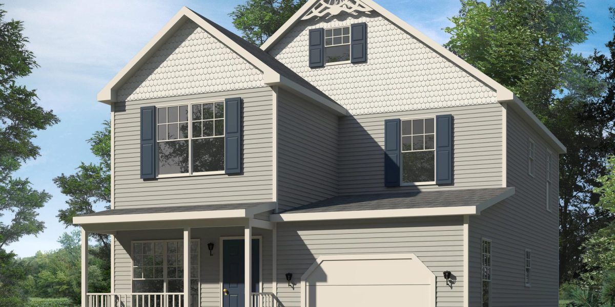 An artist 's impression of a house with a porch and a garage.