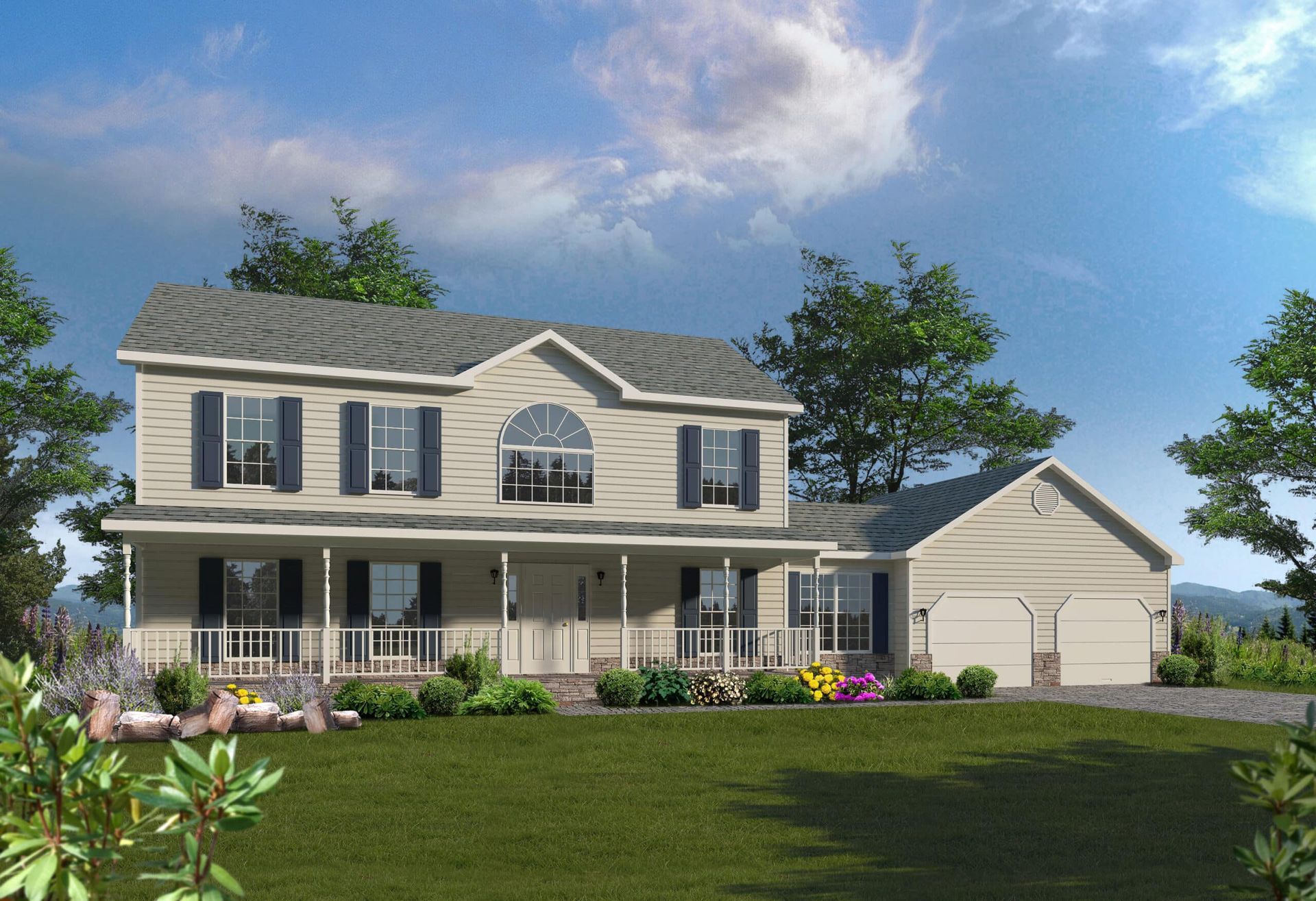 Two-story beige house with porch, black shutters, attached garage, and landscaped front yard under a blue sky