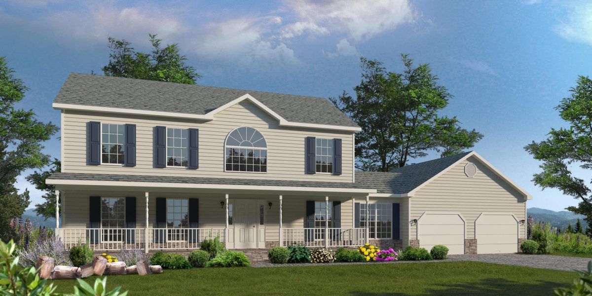 Two-story beige suburban house with porch, garage, and landscaped front yard under a blue sky