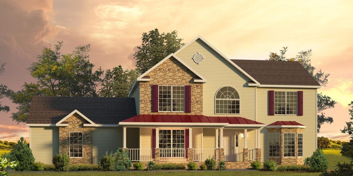 Two-story suburban house with beige siding, red shutters, and a front porch at sunset