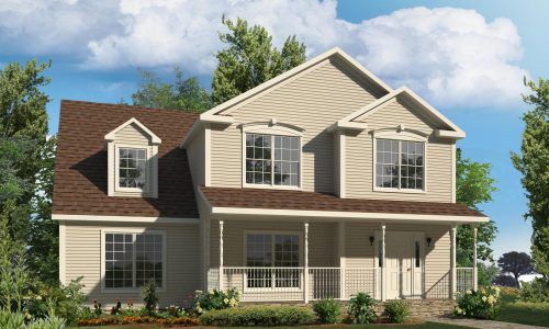 A house with a brown roof and white siding