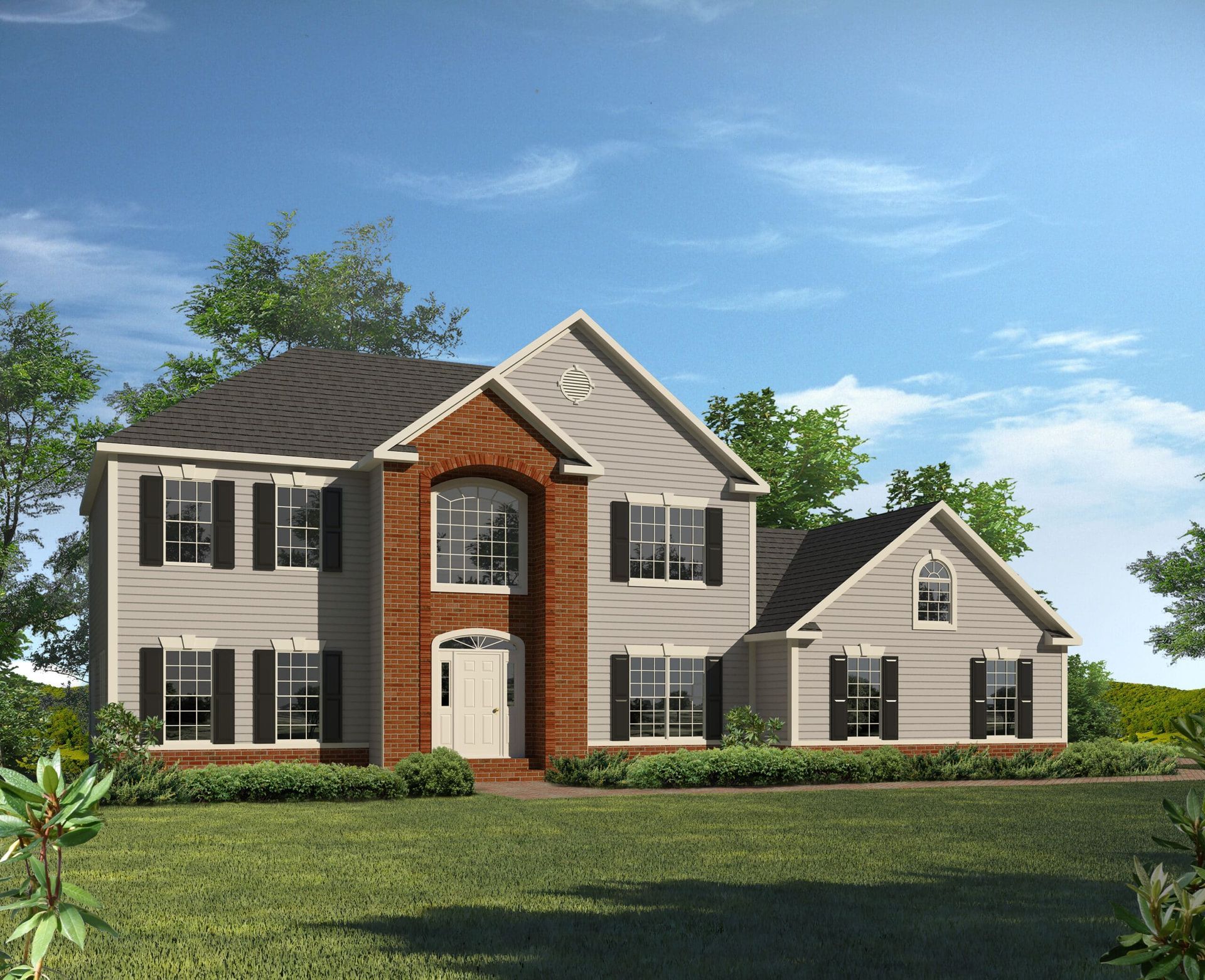 Two-story brick and beige suburban house with black shutters, arched front entry, and a manicured lawn under a blue sky