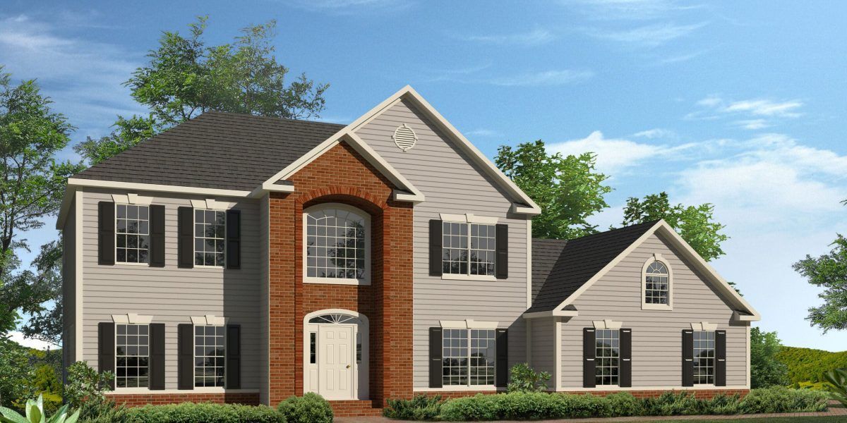 Suburban two-story house with brick and siding, dark roof, black shutters, and a detached garage under a blue sky