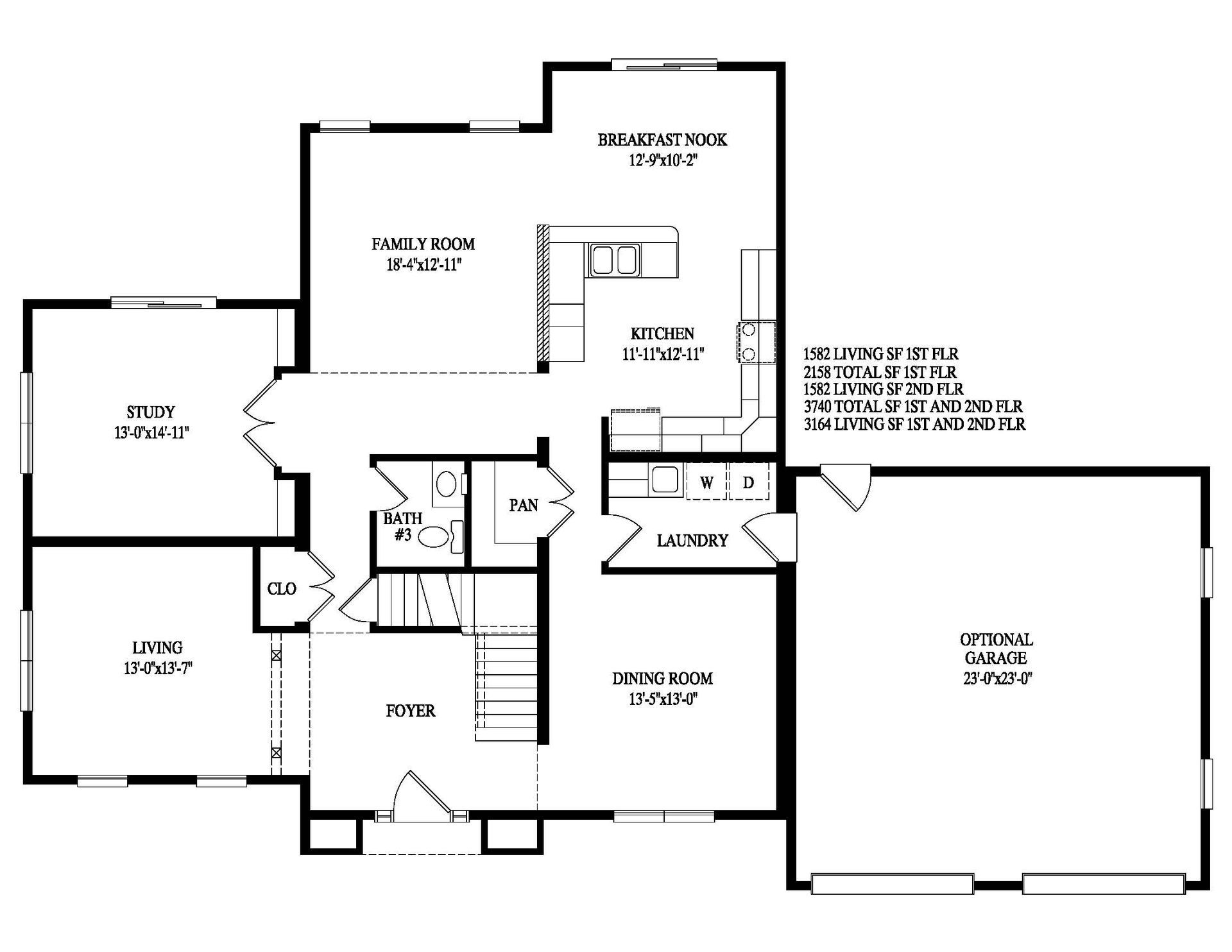 Black-and-white house floor plan with labeled rooms, stairs, kitchen, dining area, and optional study/addition.