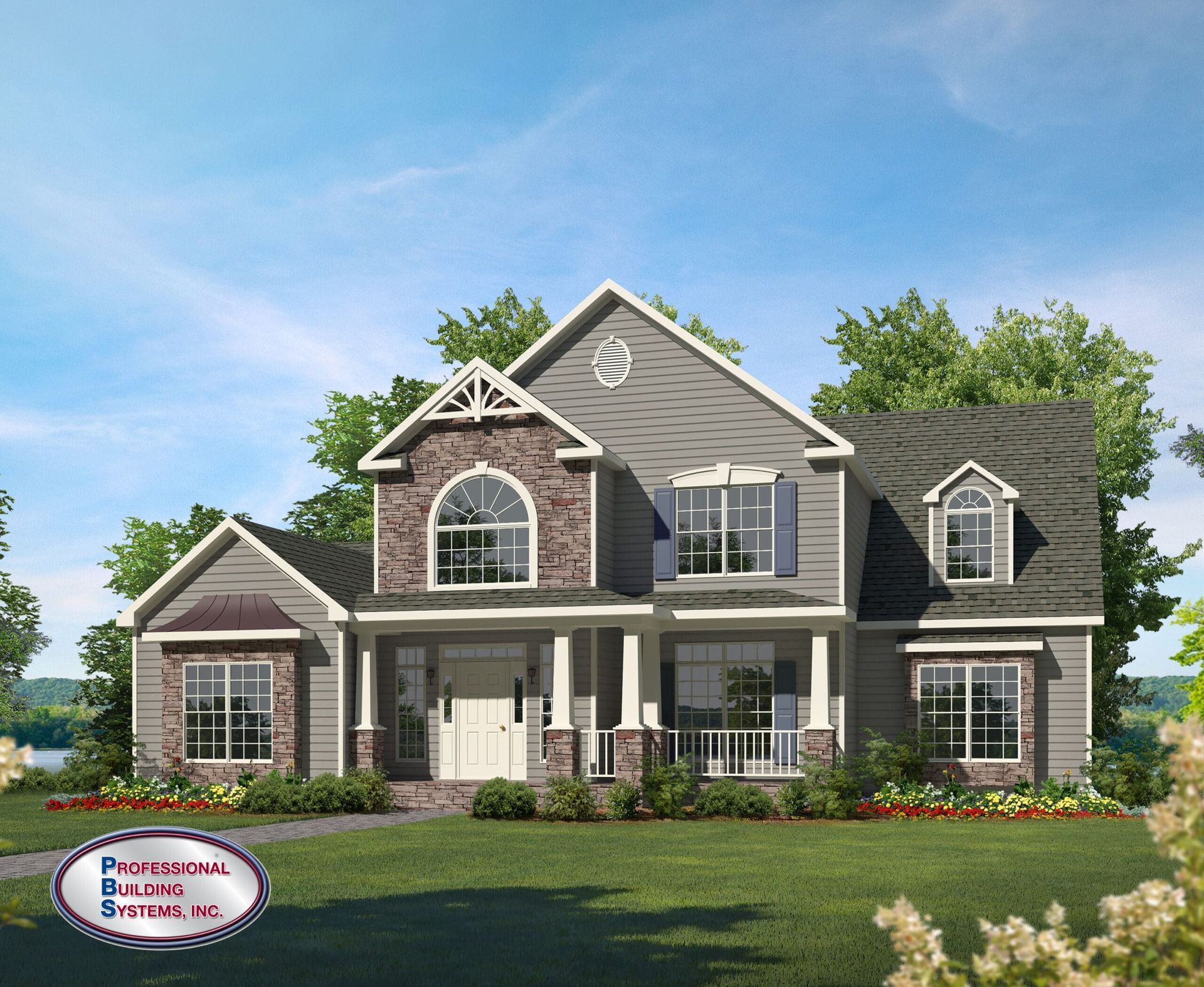 Rendering of a two-story suburban house with gray siding, white trim, and a front porch