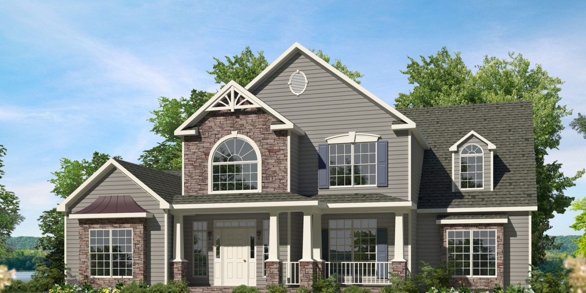 Two-story gray house with white trim, front porch, and landscaped yard under a blue sky