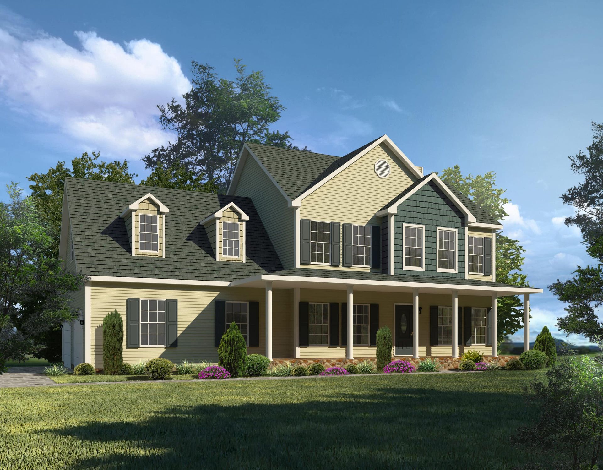 Two-story beige house with dark roof, white porch columns, and green lawn under a blue sky