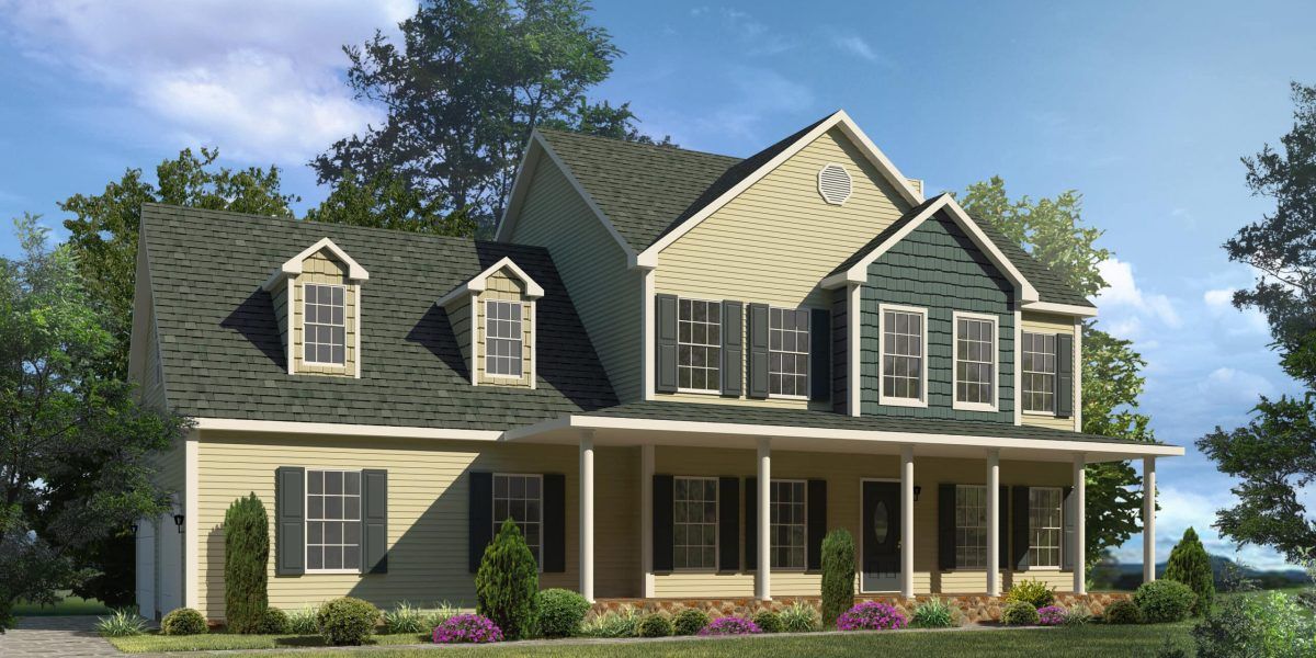Two-story beige suburban house with green roof, dormer windows, and a front porch under a blue sky