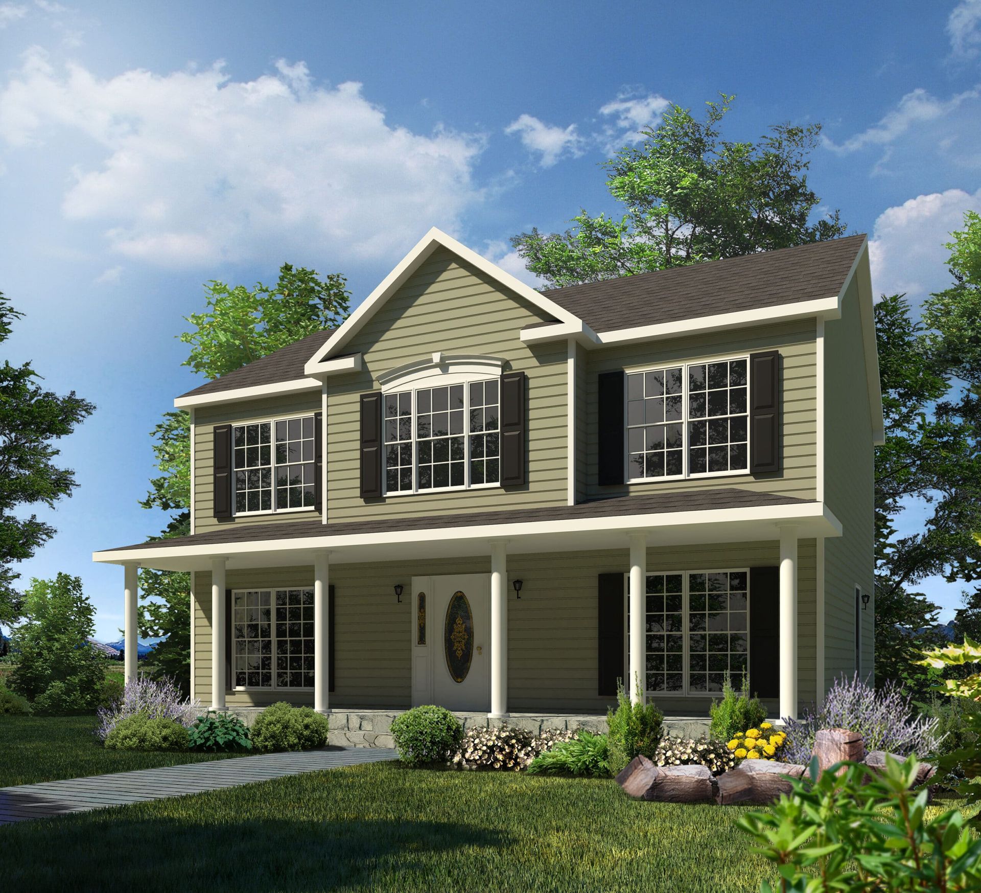 Two-story green house with black shutters, white trim, front porch, and landscaped yard under a blue sky