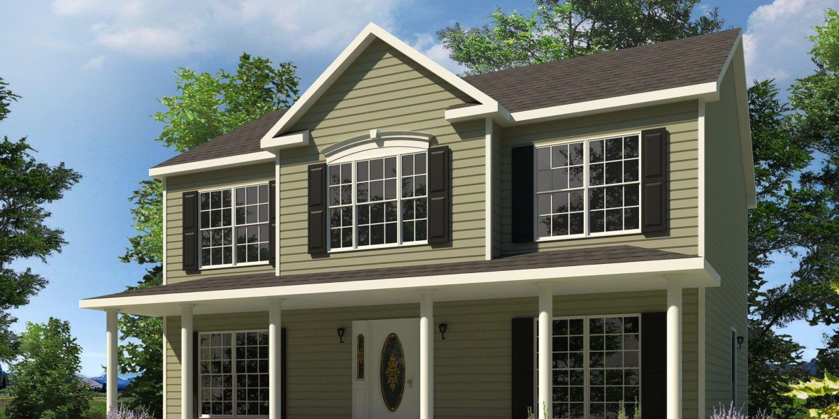 Two-story beige suburban house with black shutters, white columns, and front porch under a blue sky
