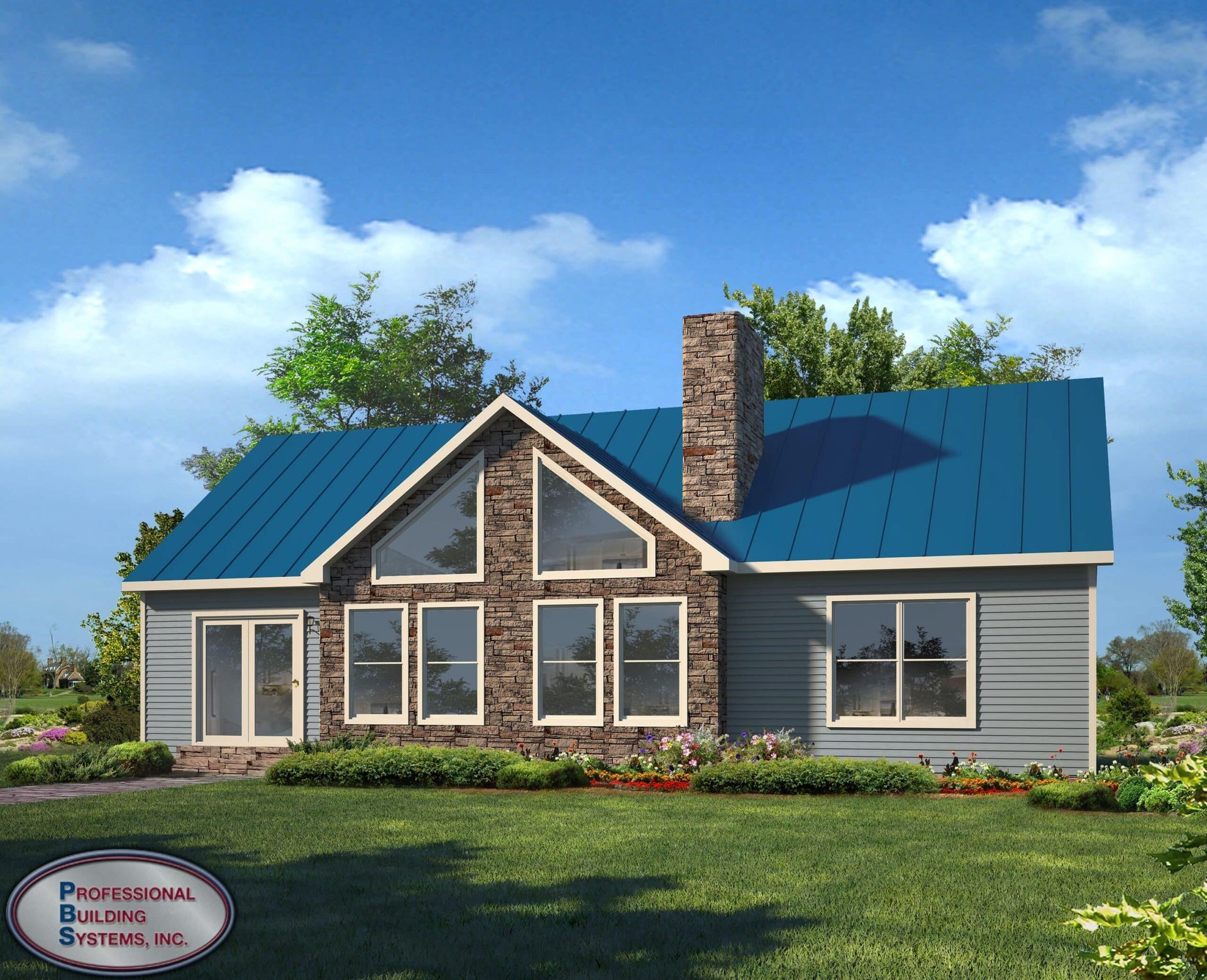 Modern gray house with blue metal roof, stone chimney, and large front windows on a green lawn