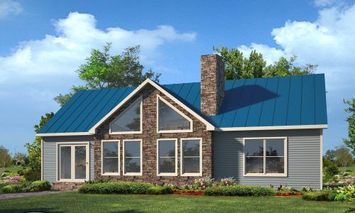A house with a blue roof and a stone chimney